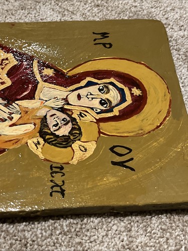 Vtg hand painted Orthodox icon The Virgin Christ Child 11x8.5” Byzantine Like - Picture 6 of 10