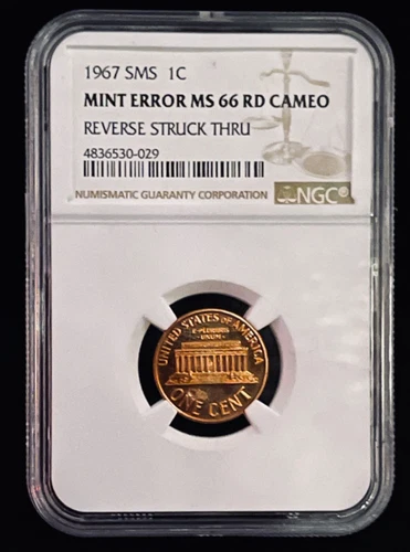 1967 SMS LINCOLN CENT NGC MS66 RD CAMEO - RARE HIGH GRADE MINT ERROR