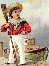 1880s James Pyle's Pearline Washing Powder Boy Standing With Oar & Rowboat