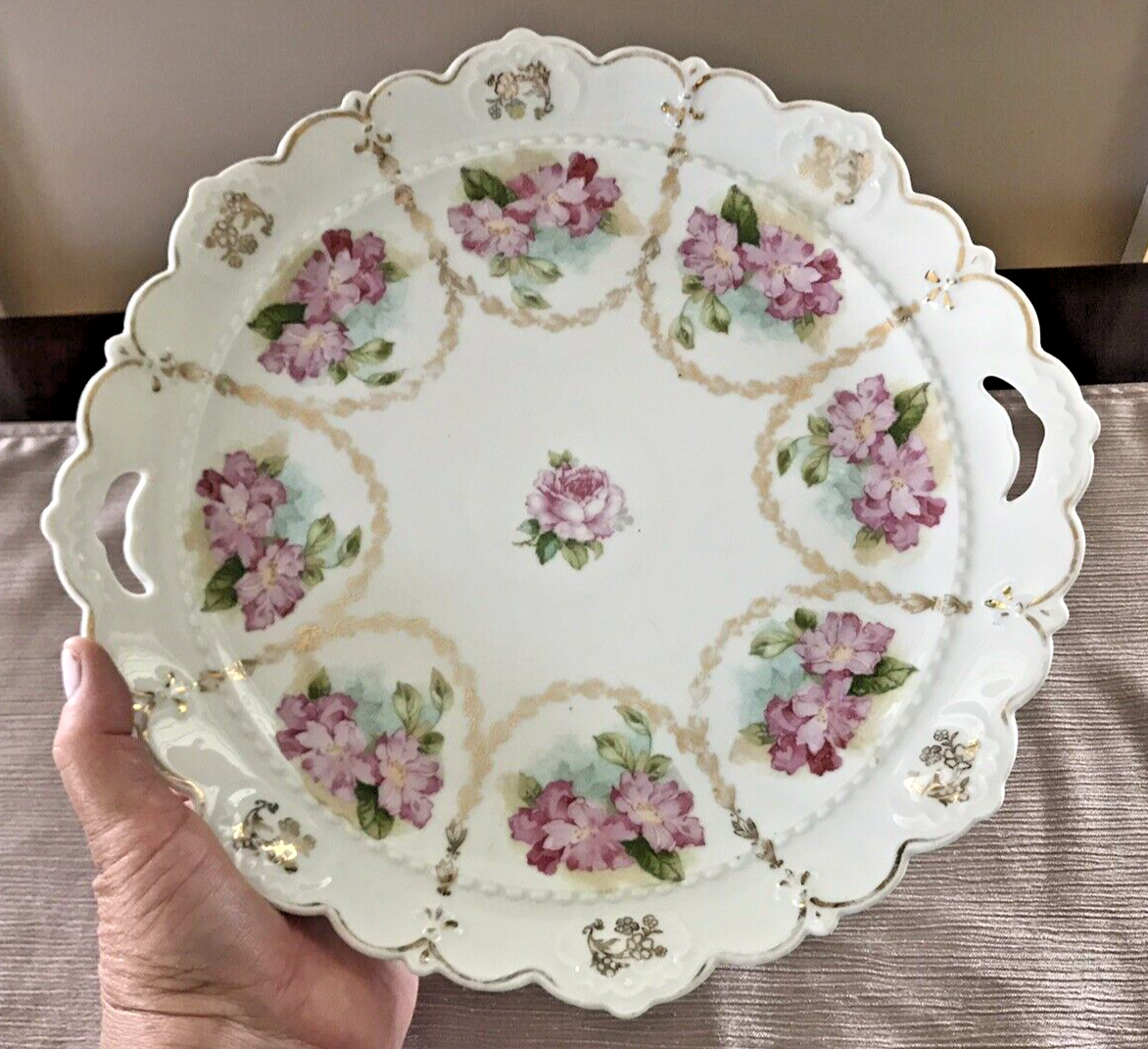 M.Z. Austria Antique Porcelain Integral Handle Plate w/ Roses Gold