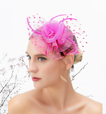 Fuchsia Floral Feather Fascinator Headband - Women Accessories Hair Accessory Hot Pink Rose Flower Padded Headband Fascinator Headpiece  main image 2