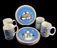 Debbie Mumm Sakura Jolly Snowmen 8  Dessert Lunch Plate Coffee Mug 8 Pc New