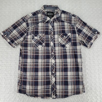 Buckle Black Shirt Men XL Brown Blue Plaid Western Roll Tab Athletic Fit Pockets