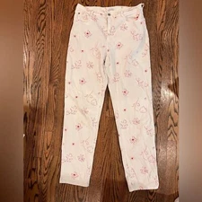 Blu-key vintage Paris white red floral print denim jeans pants xl women’s loose