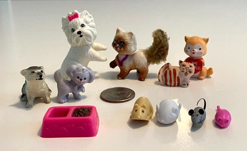 VTG LOT of 10 DOG/CAT/MICE MINIATURE DOLLHOUSE FIGURINES+FOOD DISH-PLASTIC/RESIN