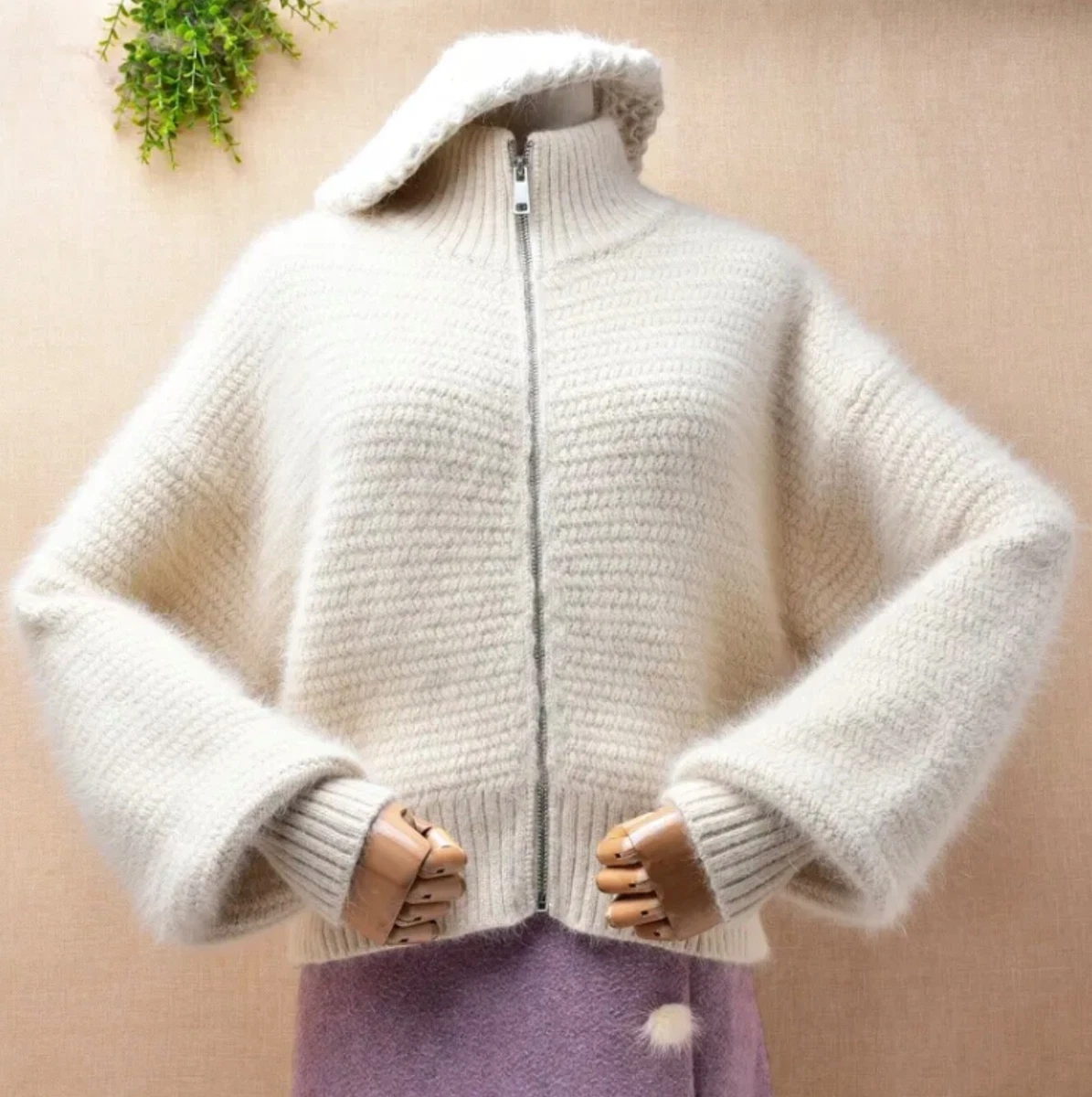 Mink cashmere mohair angora knit scroll cream white ivory sweater cardigan lux