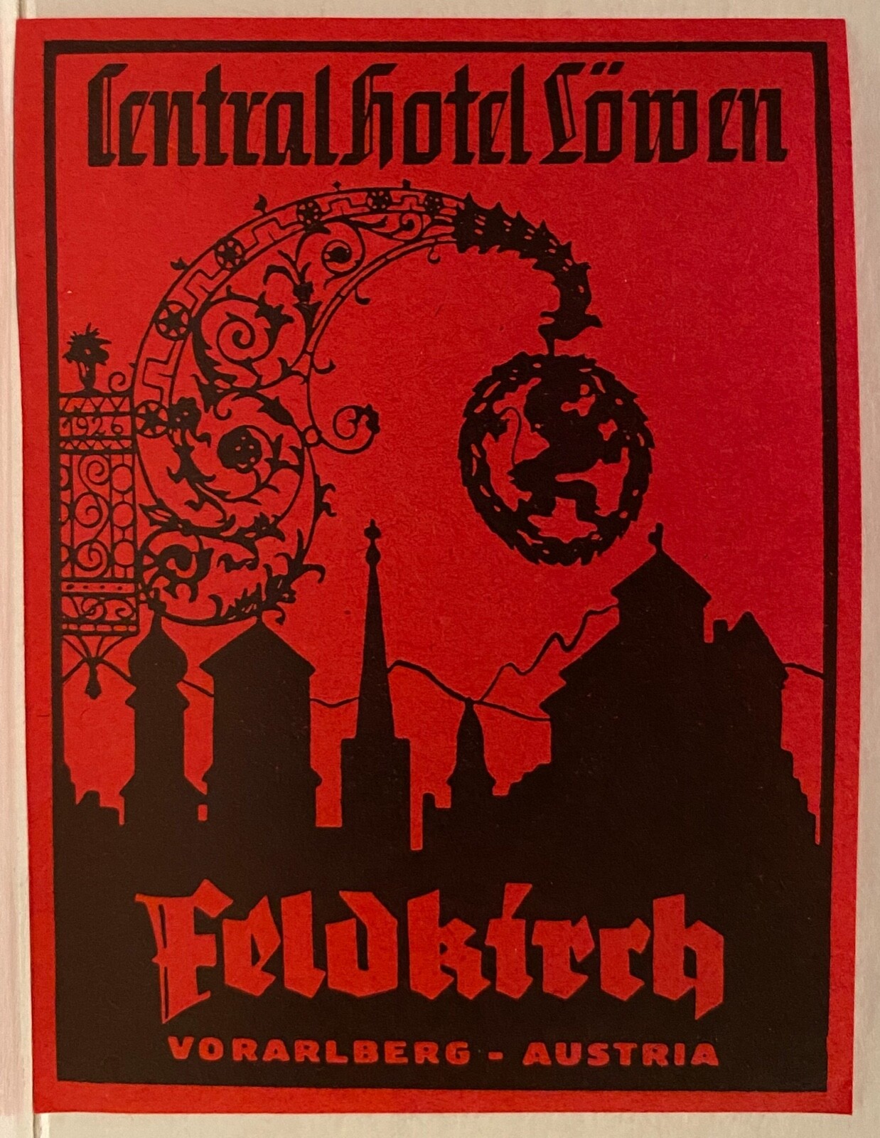 Vintage Feldkirch Austria Central Hotel Lowen Luggage Tag Silhouette  -image