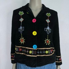 Vintage 90s Black Velour Jacket Colorful Beaded Embroidery Boho Artsy Statement