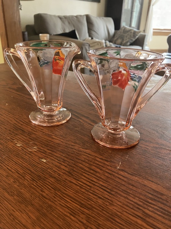 Hand Painted Cream and Sugar Pink Depression Glass Vintage Serving Dishes 4”
