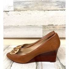 Tory Burch Womens 9.5 Brown Leather Karma Wedge Open Toe Heel Sandal Pump