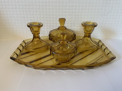 Vintage Braunglas Jugendstil Schminktisch Set Waschtischgarnitur fünfteilig