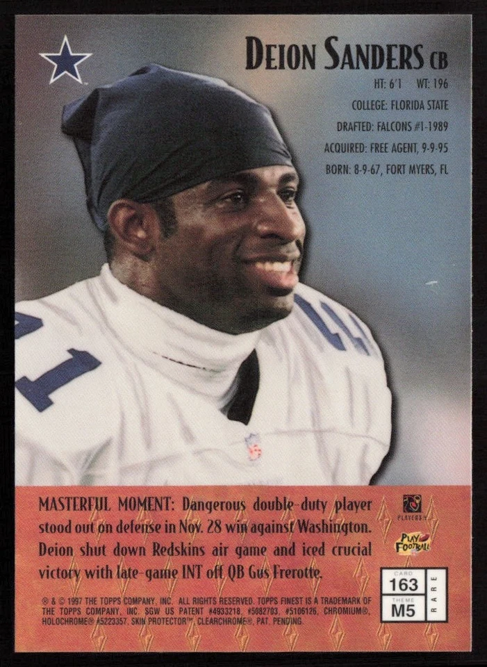 Deion Sanders 1997 Finest #163 - Dallas Cowboys - Image 2 of 2