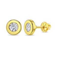 14k Yellow Gold Round Bezel Cubic Zirconia Safety Screw Back Earrings For Tod...