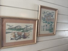 Set Of 2 Vintage Needlepoint Framed Beach Chairs And Beach Houses