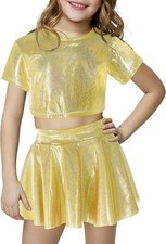 Girls Dancewear Performance Costume Metallic Crop Top Pleated Skirt Set 5-6 Year