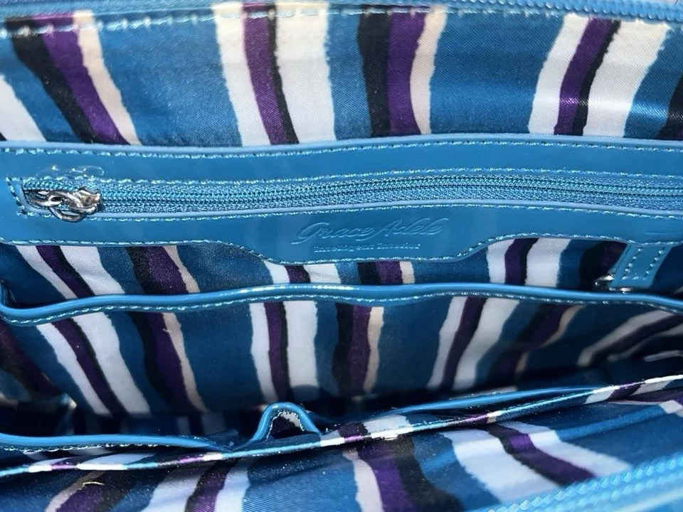 Grace Adele бирюзовый/синий лакированная кожа Дамская сумка в полоску интерьера и съемный ремень - Изображение 4 из 4