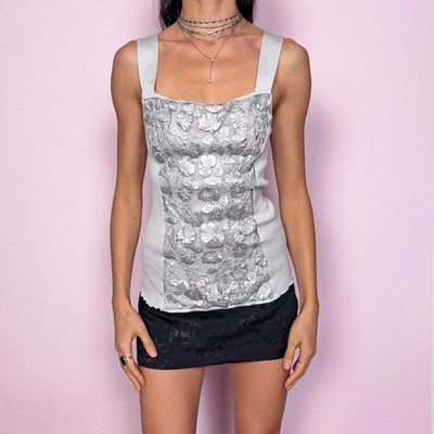 Vintage 90s Gray Top Cotton Ribbed Oscalito Filo Scozia Cami Y2K 2000s Size S