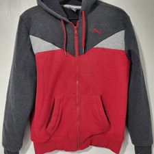 Puma Men's Fleece Hooded Jacket Sweater Full Zip Sz M Red Grey Outerwear Y2K