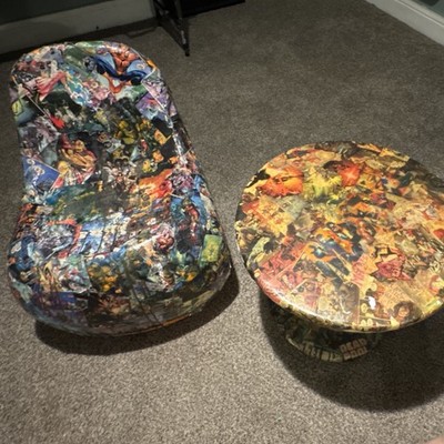 Multicolor Comic Book Collage Bean Bag Chair and Table Set