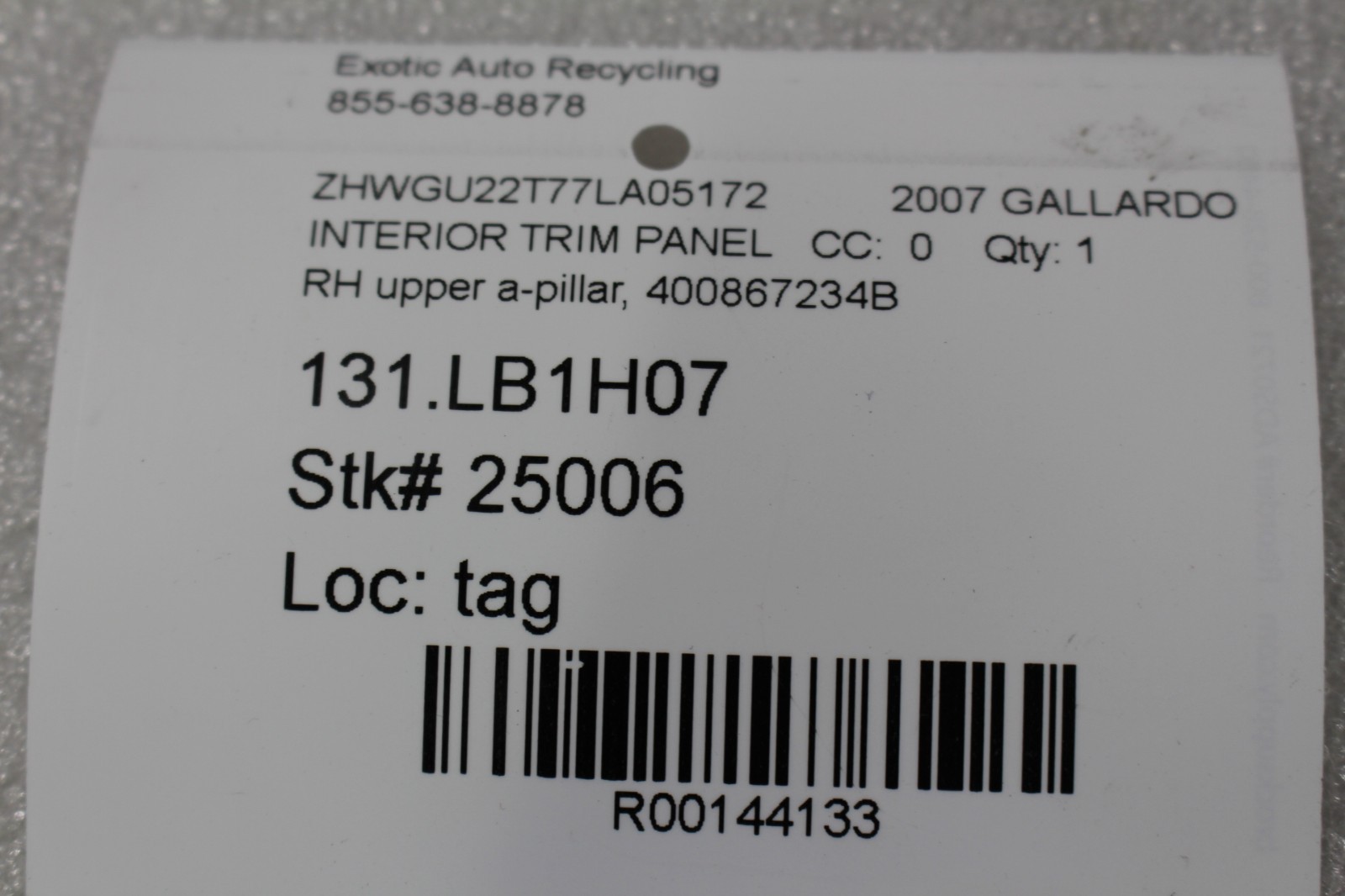Lamborghini Gallardo, RH, Right, Upper A-Pillar Trim Panel, Used P/N 400867234B