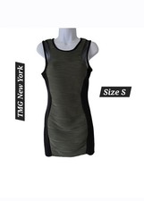 Olive/Black Sleeveless Bodycon Dress Wavy textured Front panel Mesh On Shoulders