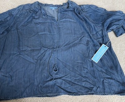 NWT - Draper James RSVP Denim Chambray Ruffle V Neck Elbow Sleeve Blouse Top XXL