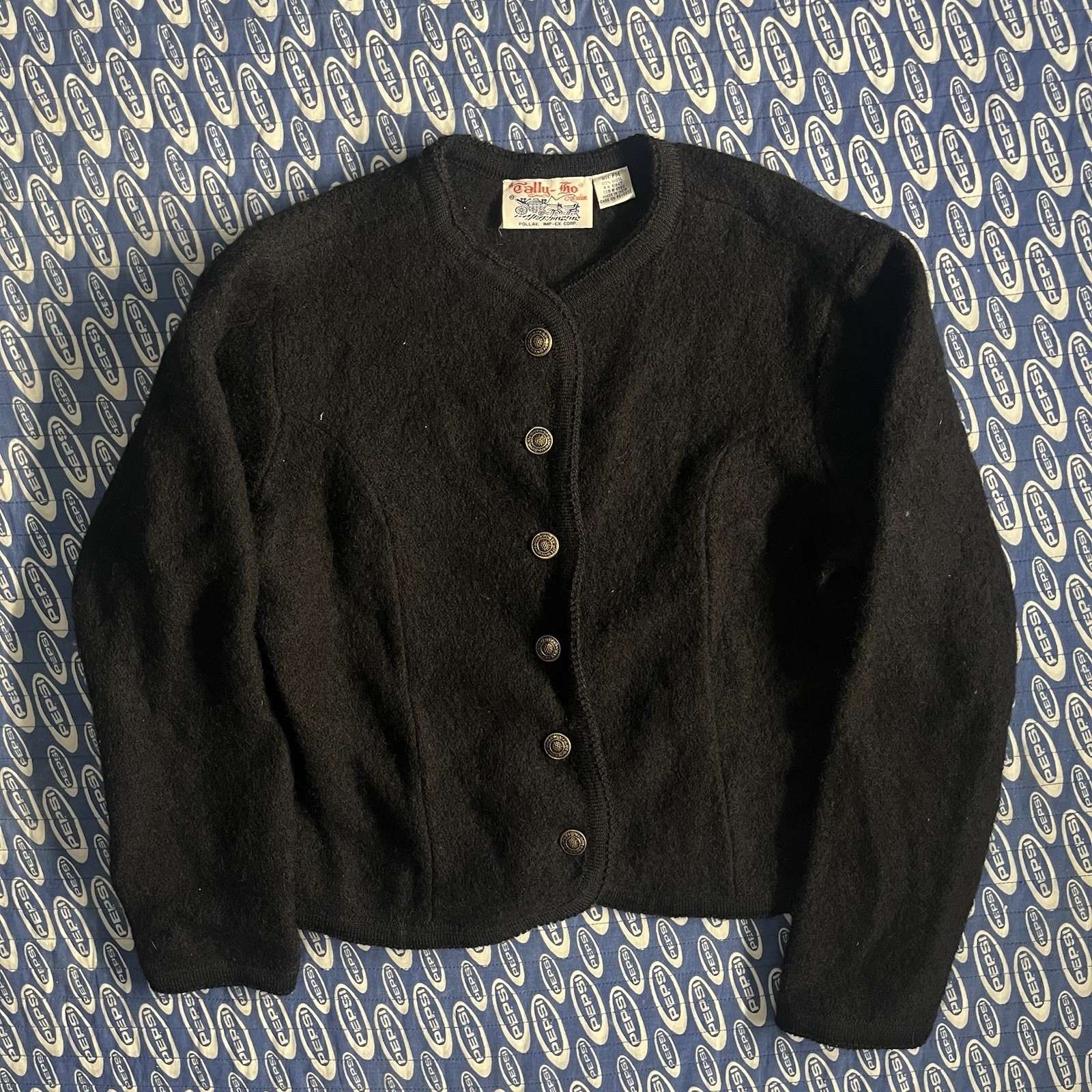 Vintage Tally-Ho Sweater Womens PM Black 100% Wool Gold Buttons Cardigan 90s