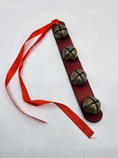 Vtg Puddle Dock Leather Co. Red Strap w/ 4 Sleigh Jingle Brass Xmas 1" Bells NH