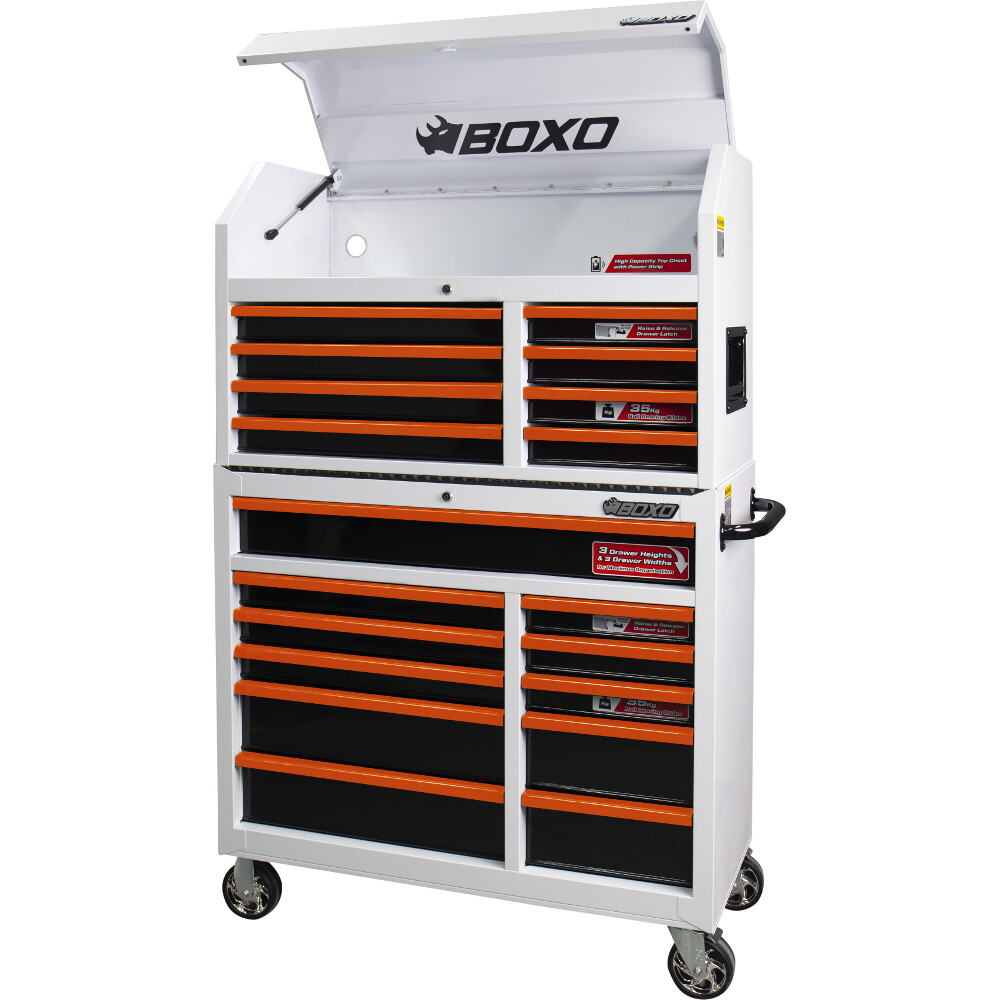 Toolbox Stack 19 Drawer Roll Cab & Top Box Heavy Duty with Charging Option White