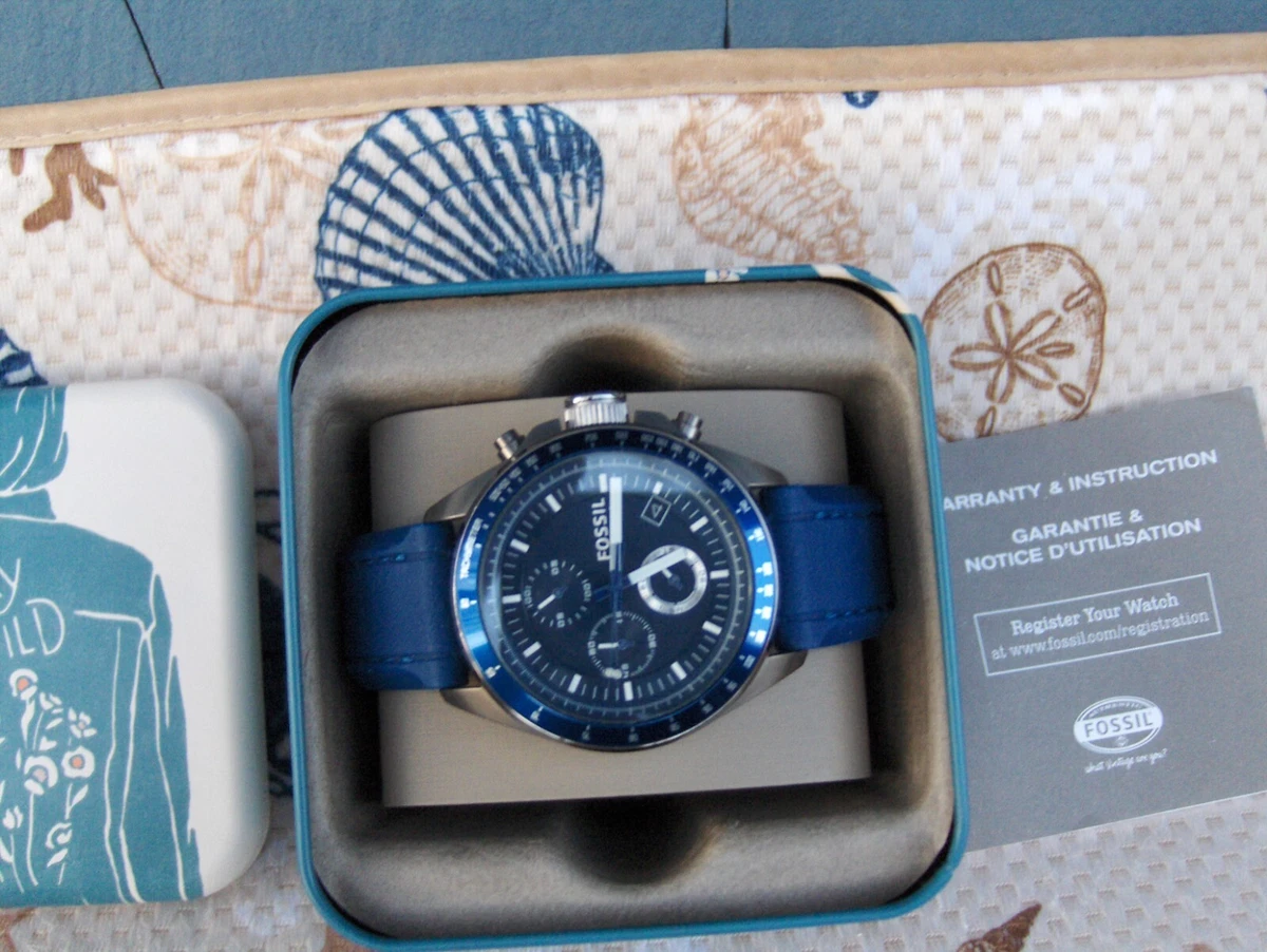 FOSSIL DECKER CH 2736 BLUE 3 EYE CHRONOGRAPH FACE DIAL SILICONE