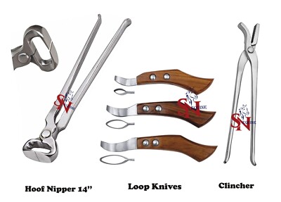 Set of Hoof Nipper 14'' with Hoof Nail Clincher & Farrier Loop Knives Hoof Knives