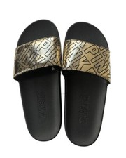 Victoria's Secret Pink Single Strap Slides Sandal Gold Logo Small NWT