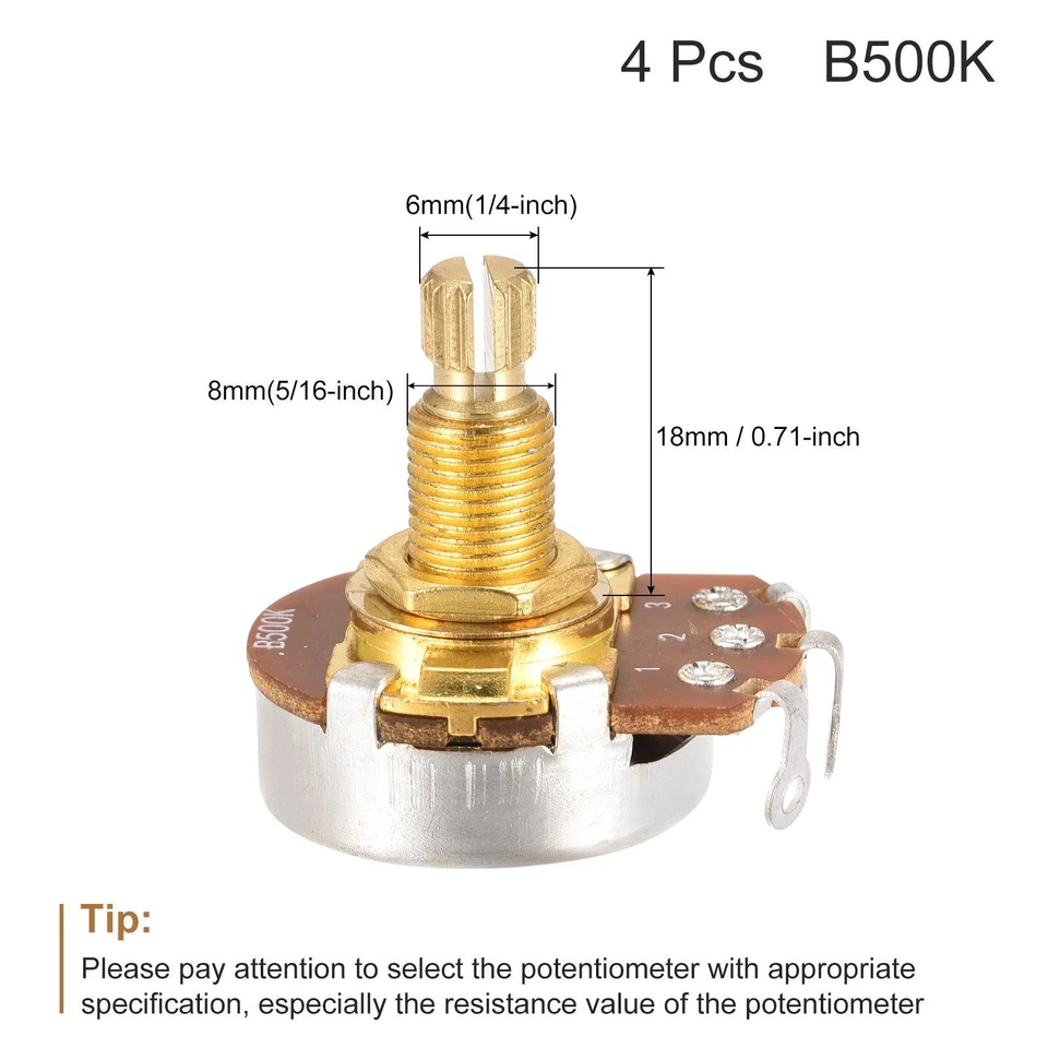 4x Audio Taper Potentiometer B500K 3 Pin 1/4" Dia Split Shaft für E-Gitarre Bass - Bild 2 von 4