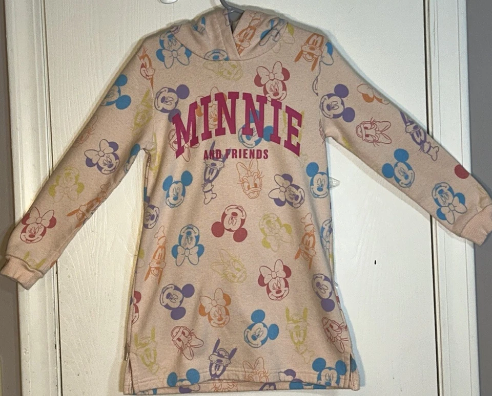 H&M Little Girl Sz 6 Dress French Terry Long Sleeve Hooded Pink Minnie Mouse EUC - Image 2 of 4