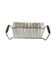 Vintage record storage rack Wire Vinyl record holder Gold metal wood handles