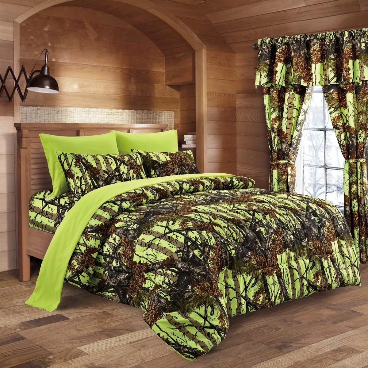 14 PC COMFORTER SET SHEETS PILLOWCASES LIME CAMO KING CAMOUFLAGE