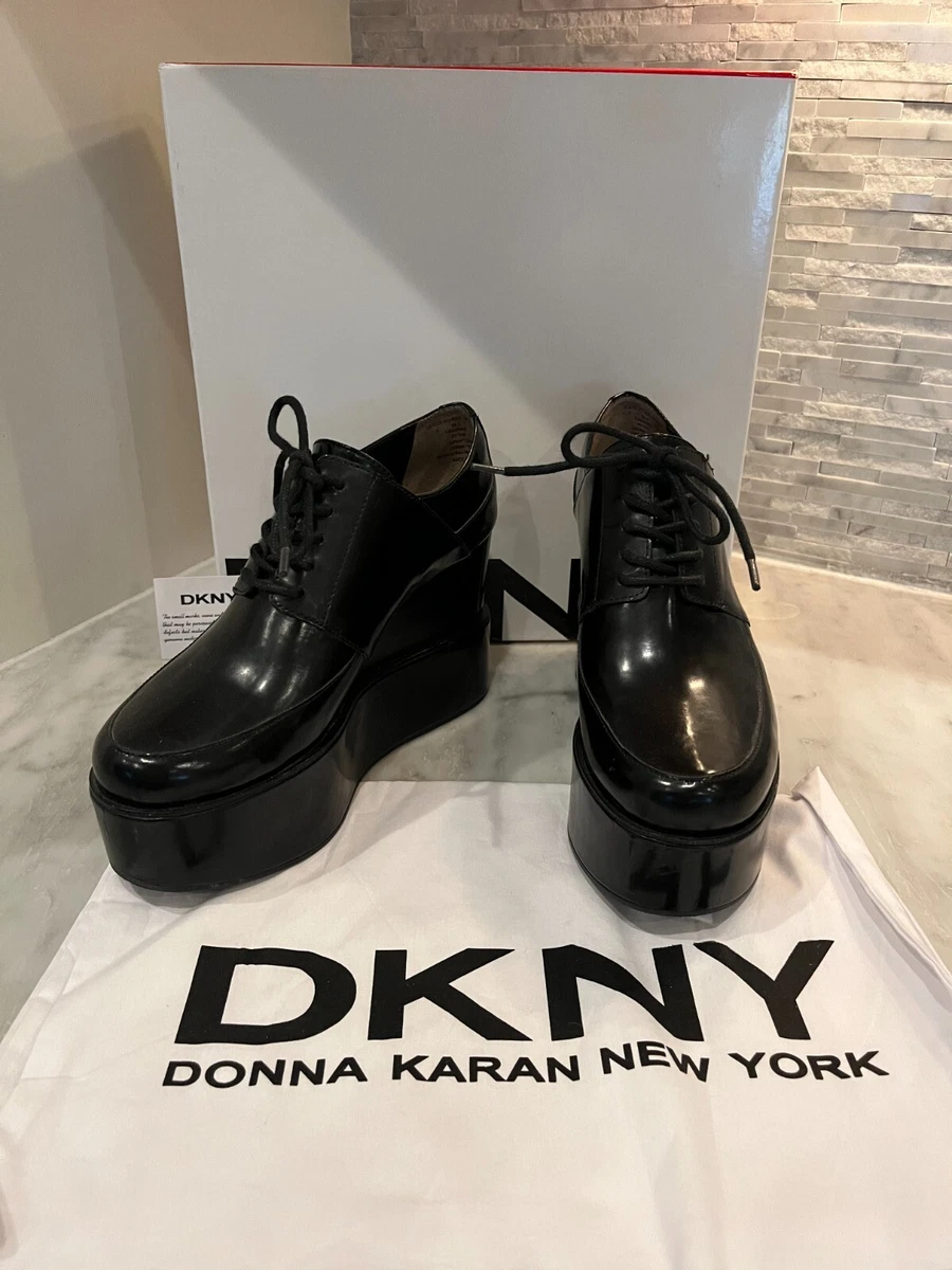 FAB Donna Karen DKNY OXFORD STYLE SHINY BLACK LEATHER CHUNKY