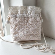 Ivory Beaded Satin Evening Bag Drawstring Pouch Purse with Long Cord Strap