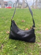 Black Faux Leather Shoulder Bag Hobo Style Gold Hardware One Size