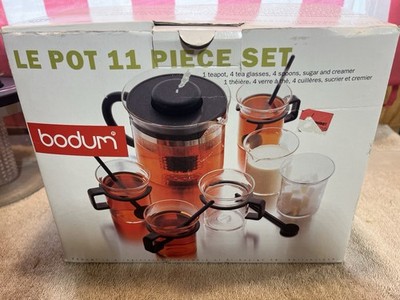 VTG Bodum Tea Set.  4 Picard Cups, Le POT, 4 Stir Sticks. New, Box Damage.