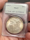 1897 $1 Morgan Silver Dollar PCGS MS65 OGH Rattler Reverse Rainbow Toner
