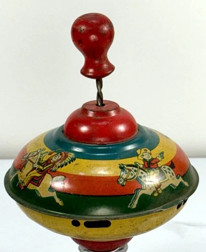 Vintage J Chein Tin Litho Spinning Top Western Cowboy Indian Toy Made USA