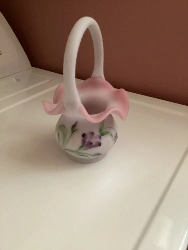 Fenton 2001 7" T Blue Burmese Lt. Ed. Basket w/Florals