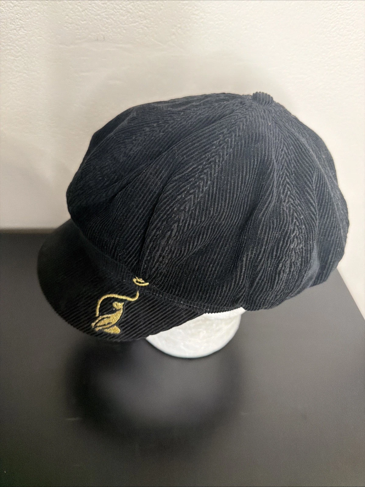 Vintage Y2K Black Corduroy baby phat Gold monogram newsboy cap O/S