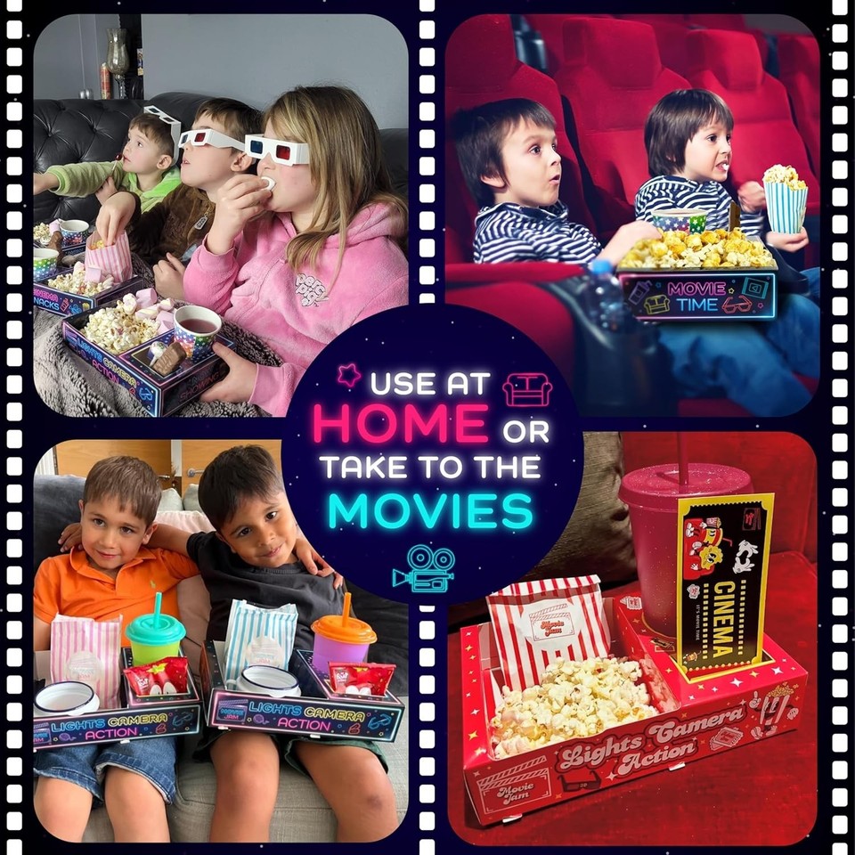 Moviejam Neon Movie Night Snack Trays 10 Popcorn Boxes Candy Bags ...