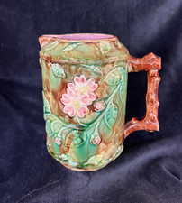 Antique Majolica-Style Dog Rose Pitcher Raised Floral Relief, Branch Handle
