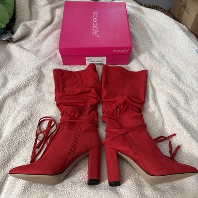 Womans Shoedazzle Aisha Knee Length Boots 12 Red Pointed Toe 1/4 Zip Block Heel