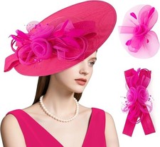 dressfan Hot Pink Fascinator Hat Headband Wide Brim Kentucky Derby Tea Party NIB