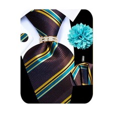 5PCS Mens Silk Designer Tie, Pocket Square, Blue Brown Tie Set -376 6
