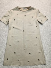 ZARA Women XS Beige Embellished Shift Dress Short Sleeve Rhinestone Minimalist